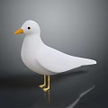 White Bird with Yellow Beak and Legs Standing on Black Surface Against Gray Background