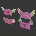 Four Decorative Pink Envelopes With White Wings Red Hearts And Reflections On Black Background
