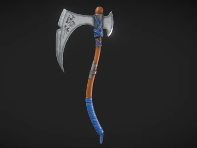 Ergonomic Hardware Tool Axe with Silver Metal Head Brown Wooden Handle and Blue Straps 3d model