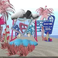 Vibrant Beach Scene With Pink Palm Trees Red Coral Clouds Transparent Bottle And Black Hat