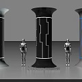 Modern White Black Gray Pillars Featuring Geometric Lines And Robot Figures With Illuminated Accents