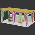 Outdoor Canopy Structure With Yellow Roof White Frame Green Curtains And White Sofas Coffee Table