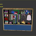 Wooden Display Cabinet With Men's Shirts Suits Bags Shoes And Blue Panel