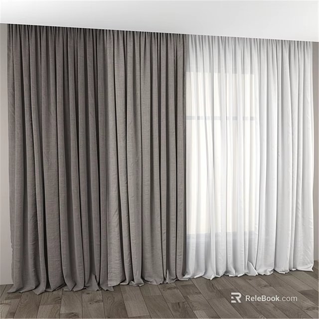 Modern Window Curtains With Grey Thick Panels And White Sheer Drapes 3d model 