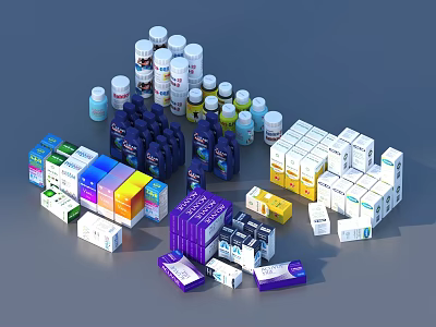 Essential Daily Living Supplies With Various Colored Medicine Bottles And Boxes 3d model