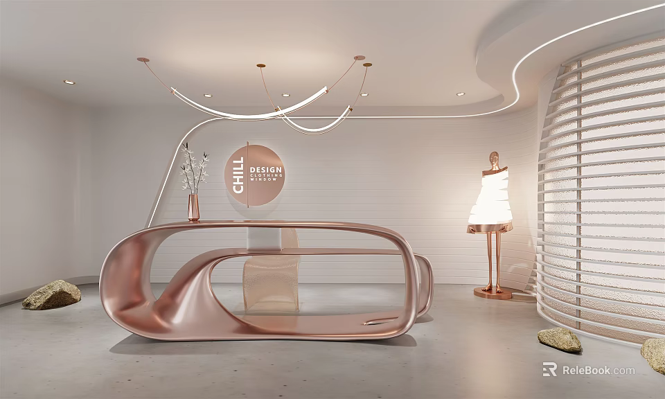 Modern Elegant Reception Desk with Copper Curved Design and Minimalist White Walls Lighting Decorative Items 3d model 