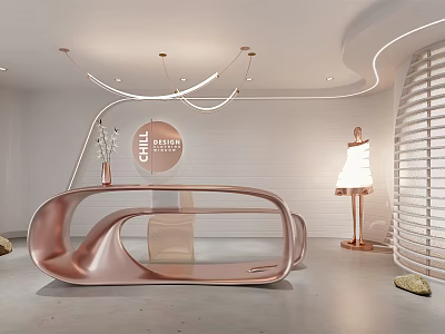 Modern Elegant Reception Desk with Copper Curved Design and Minimalist White Walls Lighting Decorative Items 3d model