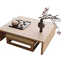 Wooden Tea Table With Matching Stool Traditional Tea Set On Tray And Vase With Branches
