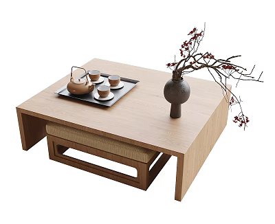 Wooden Tea Table With Matching Stool Traditional Tea Set On Tray And Vase With Branches 3d model