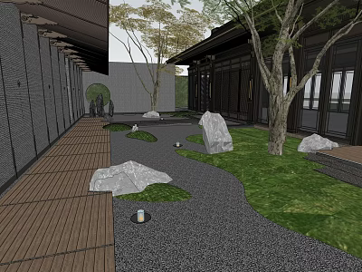 Serene Traditional Courtyard Garden With Wooden Walkway Stones Grass Trees And Gray Walls 3d model