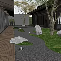 Serene Traditional Courtyard Garden With Wooden Walkway Stones Grass Trees And Gray Walls