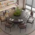 Round Dining Table Set With Leather Chairs Green Plant Centerpiece And Tableware In Modern Interior
