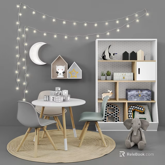 Kids Table With Chairs Moon Decor Star Shelf Toys And Storage In Children Room 3d model 