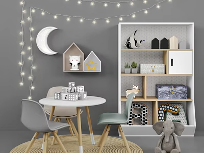 Kids Table With Chairs Moon Decor Star Shelf Toys And Storage In Children Room 3d model
