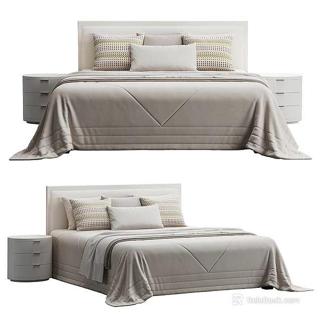 Modern Double Bed With Beige Bedspread Soft Pillows And White Nightstands 3d model