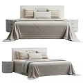 Modern Double Bed With Beige Bedspread Soft Pillows And White Nightstands 3d model