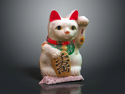 Lucky Cat Ornament Decoration With White Body Red Ears Green Collar And Longevity Character Charm 3d model