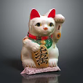Lucky Cat Ornament Decoration With White Body Red Ears Green Collar And Longevity Character Charm