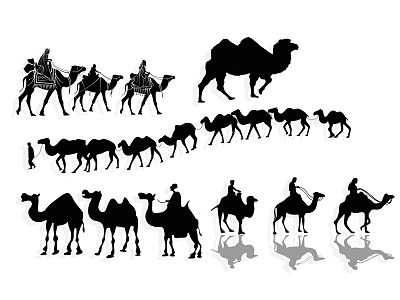 Camel Silhouettes With Riders And Group Poses Black White Vector Art 3d model
