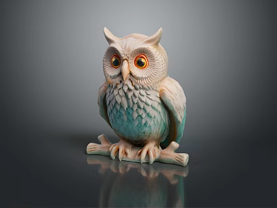 Owl Sculpture With Blue Green Feathers And Yellow Eyes Clutching Branch On Dark Background 3d model