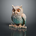 Owl Sculpture With Blue Green Feathers And Yellow Eyes Clutching Branch On Dark Background