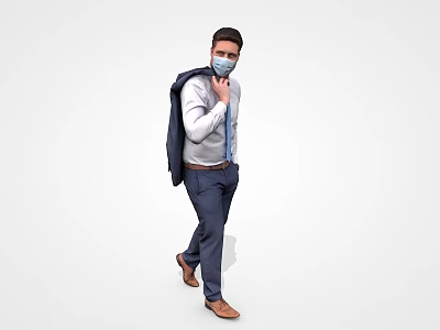 Man In White Shirt Blue Tie And Suit Jacket Walking With Mask 3d model