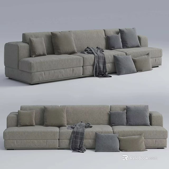 Gray Sectional Sofa With Plush Multiple Cushions And Cozy Throw Blanket 3d model