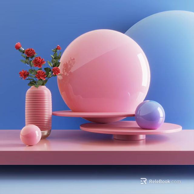 Stylish Pink Sphere Decor with Red Flower Vase on Blue Display Stand 3d model 