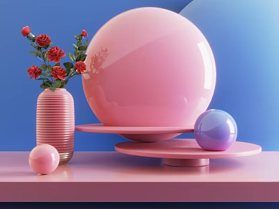 Stylish Pink Sphere Decor with Red Flower Vase on Blue Display Stand 3d model