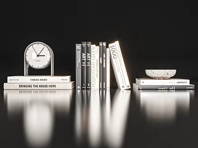 Books And Open Book On Black Smooth Surface With Clock Small Plate And Reflection 3d model