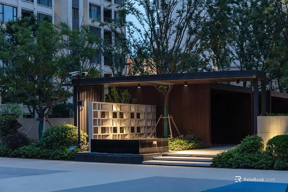 Modern Entrance Gate With Wooden Structure Steps Lighting And Green Plants 3d model 