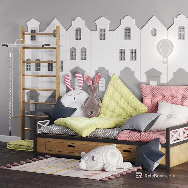 Colorful Multi Person Sofa with Soft Cushions Stuffed Toys Castle Wall Decor in Kids Room 3d model 