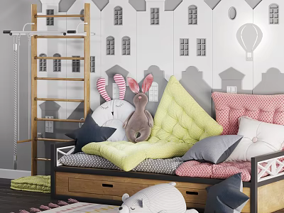 Colorful Multi Person Sofa with Soft Cushions Stuffed Toys Castle Wall Decor in Kids Room 3d model