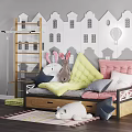 Colorful Multi Person Sofa with Soft Cushions Stuffed Toys Castle Wall Decor in Kids Room