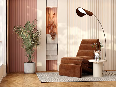 Modern Brown Recliner Chair with Floor Lamp Side Table Plant and Wooden Panel Walls 3d model