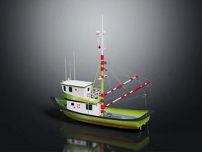 Green White Fishing Boat with Upper Cabin Masts Antennas and Red White Stripes 3d model