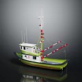 Green White Fishing Boat with Upper Cabin Masts Antennas and Red White Stripes