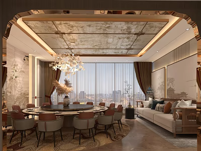 Elegant New Chinese Restaurant Private Dining Booth With Large Round Table Comfortable Sofa And Chandelier 3d model