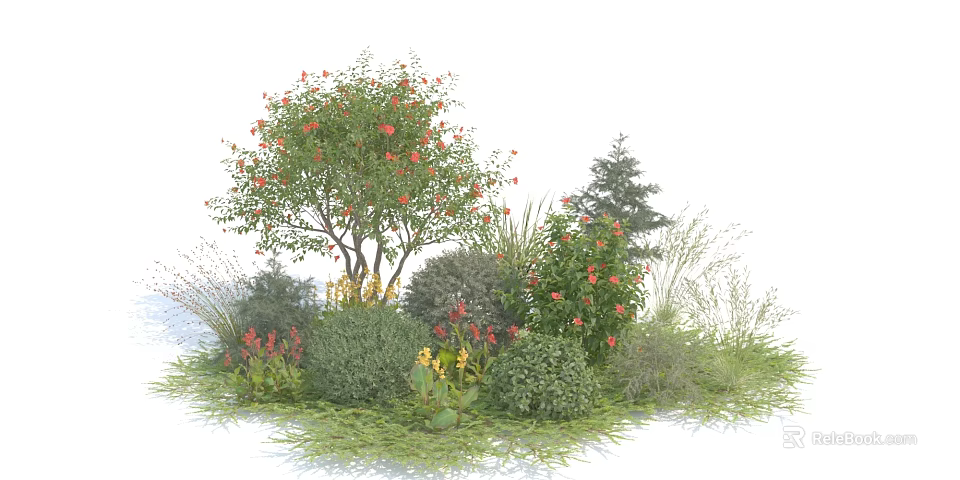 Flowering Shrubs With Red Blooms Green Foliage And Diverse Sizes In Lush Garden Landscape 3d model 