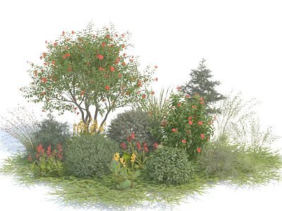 Flowering Shrubs With Red Blooms Green Foliage And Diverse Sizes In Lush Garden Landscape 3d model