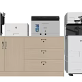 Different Office Appliances Including Printers And Multifunction Devices On Cabinet 3d model