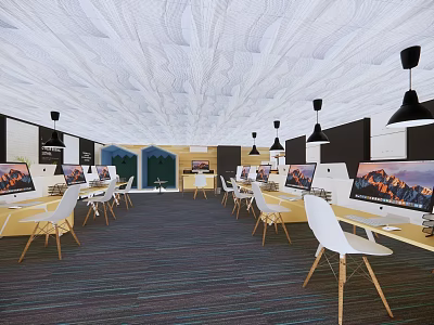 Modern Office Space With Wooden Desks White Chairs Computers And Unique Ceiling Design 3d model