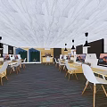 Modern Office Space With Wooden Desks White Chairs Computers And Unique Ceiling Design