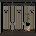 Modern Elegant Room Divider With Metal Frame Woven Panels Circular Accents And Green Plant