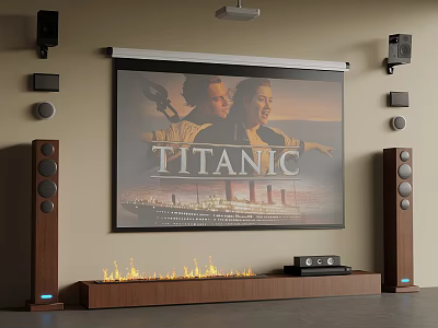 Projection Monitoring For Home Theater Setup With Titanic Movie On Projection Screen And Speakers 3d model