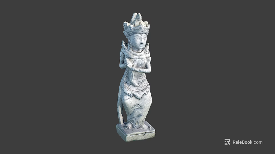 Traditional Carved Female Sculpture With Intricate Headdress And Hands In Prayer 3d model 
