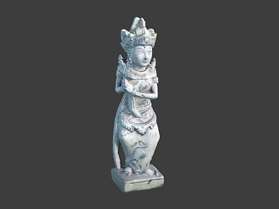 Traditional Carved Female Sculpture With Intricate Headdress And Hands In Prayer 3d model