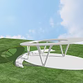 Modern White Circular Roof Pergola With Supporting Columns On Green Lawn