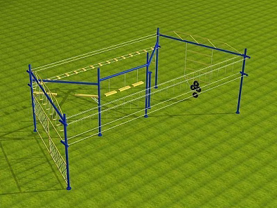 Outdoor Playground Equipment With Blue Frame Climbing Net And Swings On Green Grassy Area 3d model
