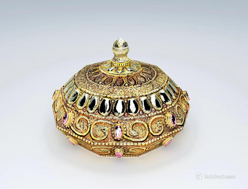 Decorative Ceramic Vessel With Golden Patterns And Pink Gemstone Embellishments 3d model 
